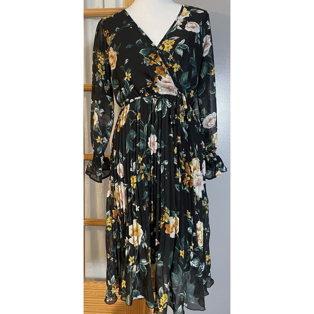 Indigo Rose Pleated Floral Dress Sz M Gold Pink Long Sleeve Career Party Cottage - Picture 1 of 12